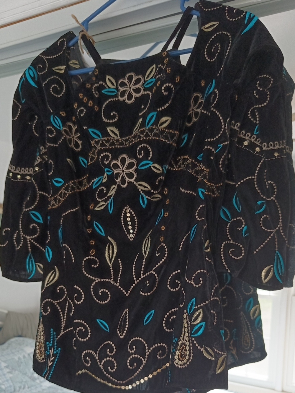 Black Embroidered Velvet Tunic Top with Teal Accents - Picture 8 of 11